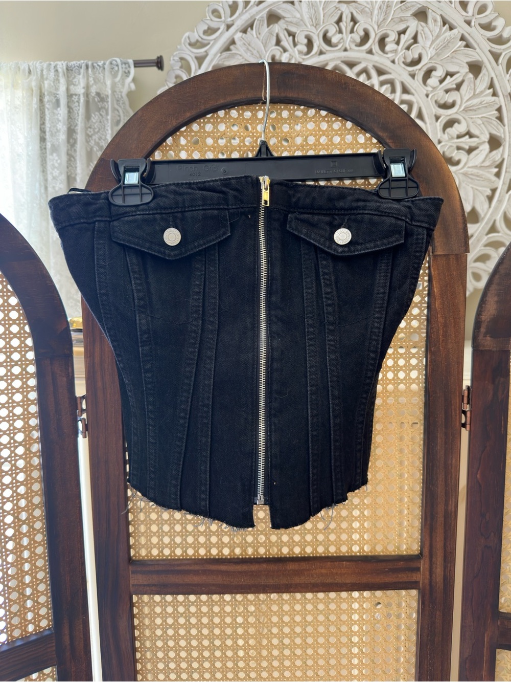 ZARA Black Denim Corset-Style Jeans Top with Front Zip